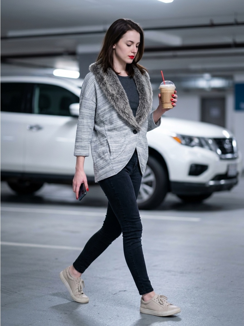 Armani Exchange Gray Faux Fur Collar Knit Jacket